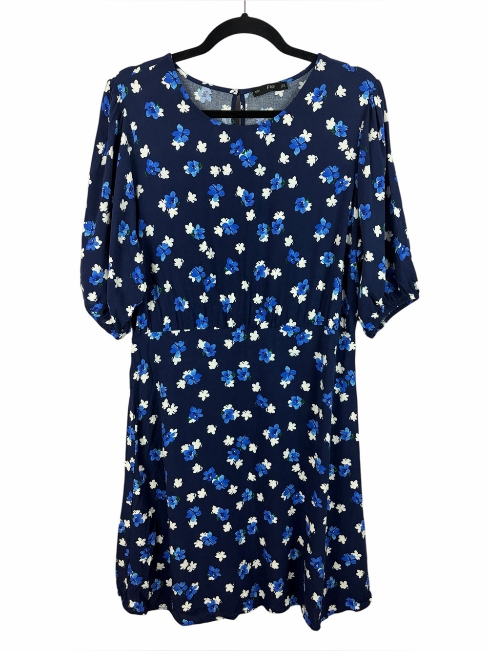F&F Navy Blue Floral Short Sleeve Midi Dress Size 12 Lightweight